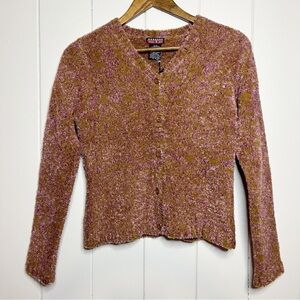 Mac & Jac Fuzzy 90's Mauve and Chartreuse Style Cardigan. Size Medium. NWT.